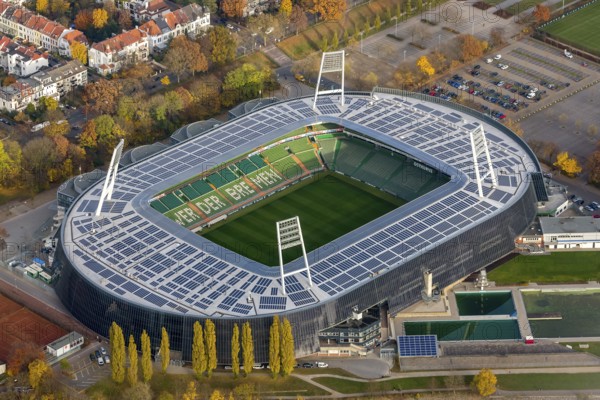 Aerial view, stadium of the Bundesliga club SV Werder Bremen, Weserstadion, Wuseum, photovoltaics, Bremen, Germany, Europe, birds-eyes view, aerial photography, aerial photography, overview, overview, bird's eye view