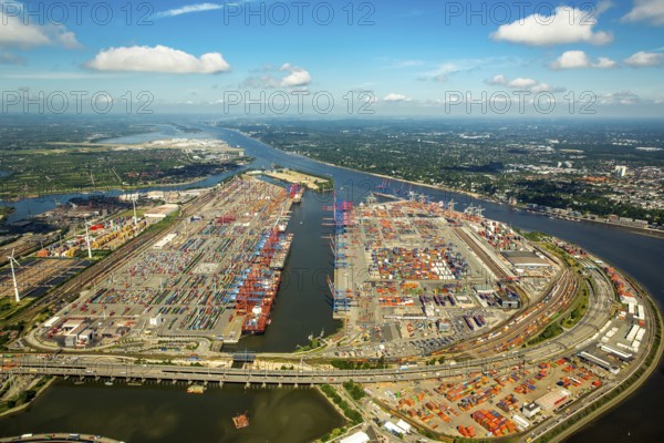 Container Port Hamburg, CTA, Container Terminal Altenwerder, Hamburg-Altenwerder, Port of Hamburg, Elbe, Hamburg, Free and Hanseatic City of Hamburg, Germany, Europe, aerial view, birds-eyes view, aerial photography, aerial photography, overview, bird's eye view