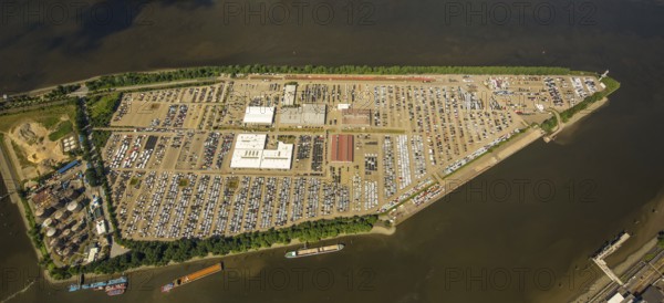 BLG AutoTerminal Hamburg, car loading in Hamburg harbour, car dump, Hamburg harbour, Elbe, Hamburg, Free and Hanseatic City of Hamburg, Germany, Europe, aerial view, birds-eyes view, aerial photography, aerial photography, overview, bird's eye view
