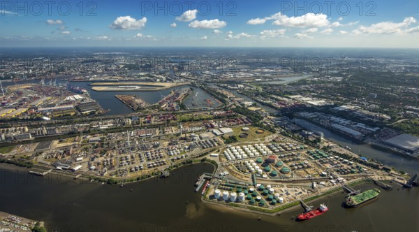 Rethe-Hafen, Hamburg harbour, Elbe, Hamburg, Free and Hanseatic City of Hamburg, Germany, Europe, aerial view, birds-eyes view, aerial photography, aerial photography, overview, overview, bird's eye view