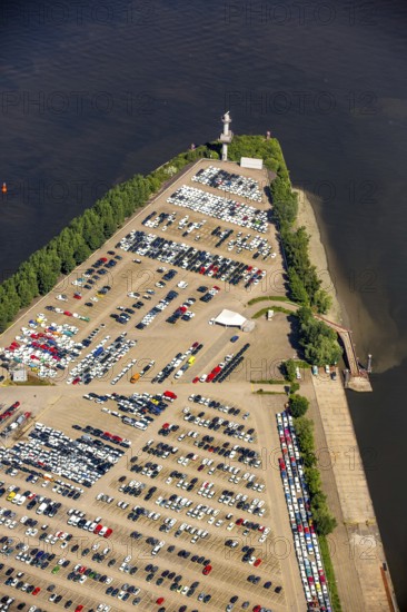 BLG AutoTerminal Hamburg, car loading in Hamburg harbour, car dump, Hamburg harbour, Elbe, Hamburg, Free and Hanseatic City of Hamburg, Germany, Europe, aerial view, birds-eyes view, aerial photography, aerial photography, overview, bird's eye view