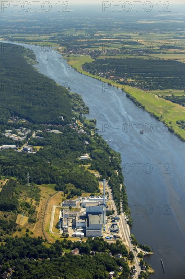 Geesthacht Energypark, Kernkraftwerk Krümmel GmbH, nuclear power plant on the Elbe, Geesthacht, Northern Germany, Schleswig-Holstein, Germany, Europe, aerial view, birds-eyes view, aerial photography, aerial photography, aerial photography, overview, bird's eye view