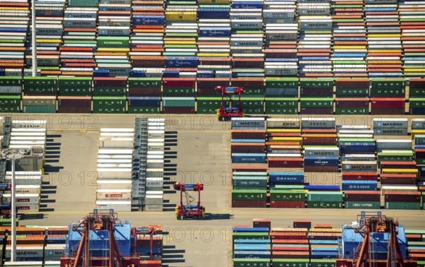 Straddle carrier, container transporter, container port Hamburg, CTA, Container Terminal Altenwerder, Hamburg-Altenwerder, Port of Hamburg, Elbe, Hamburg, Free and Hanseatic City of Hamburg, Germany, Europe, aerial view, birds-eyes view, aerial photography, aerial photography, overview, bird's eye view