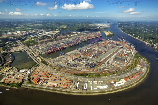 Container Port Hamburg, CTA, Container Terminal Altenwerder, Hamburg-Altenwerder, Port of Hamburg, Elbe, Hamburg, Free and Hanseatic City of Hamburg, Germany, Europe, aerial view, birds-eyes view, aerial photography, aerial photography, overview, bird's eye view