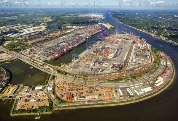 Container Port Hamburg, CTA, Container Terminal Altenwerder, Hamburg-Altenwerder, Port of Hamburg, Elbe, Hamburg, Free and Hanseatic City of Hamburg, Germany, Europe, aerial view, birds-eyes view, aerial photography, aerial photography, overview, bird's eye view