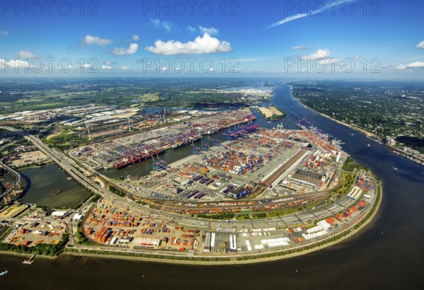 Container Port Hamburg, CTA, Container Terminal Altenwerder, Hamburg-Altenwerder, Port of Hamburg, Elbe, Hamburg, Free and Hanseatic City of Hamburg, Germany, Europe, aerial view, birds-eyes view, aerial photography, aerial photography, overview, bird's eye view