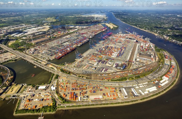 Container Port Hamburg, CTA, Container Terminal Altenwerder, Hamburg-Altenwerder, Port of Hamburg, Elbe, Hamburg, Free and Hanseatic City of Hamburg, Germany, Europe, aerial view, birds-eyes view, aerial photography, aerial photography, overview, bird's eye view