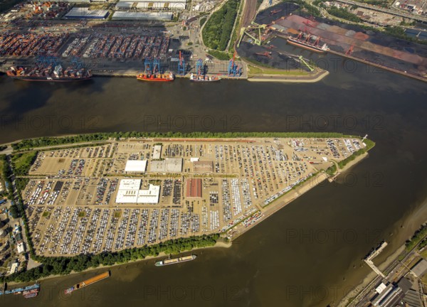 BLG AutoTerminal Hamburg, car loading in Hamburg harbour, car dump, Hamburg harbour, Elbe, Hamburg, Free and Hanseatic City of Hamburg, Germany, Europe, aerial view, birds-eyes view, aerial photography, aerial photography, overview, bird's eye view