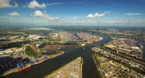 Container Port Hamburg, CTA, Container Terminal Altenwerder, Hamburg-Altenwerder, Port of Hamburg, Elbe, Hamburg, Free and Hanseatic City of Hamburg, Germany, Europe, aerial view, birds-eyes view, aerial photography, aerial photography, overview, bird's eye view