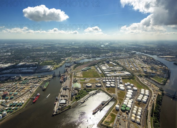 Oiltanking tank terminal, oil port, Blumensandhafen, Hamburg harbour, Elbe, Hamburg, Free and Hanseatic City of Hamburg, Germany, Europe, aerial view, birds-eyes view, aerial photography, aerial photography, overview, bird's eye view