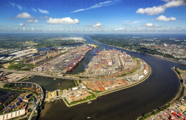 Container Port Hamburg, CTA, Container Terminal Altenwerder, Hamburg-Altenwerder, Port of Hamburg, Elbe, Hamburg, Free and Hanseatic City of Hamburg, Germany, Europe, aerial view, birds-eyes view, aerial photography, aerial photography, overview, bird's eye view