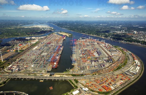 Container Port Hamburg, CTA, Container Terminal Altenwerder, Hamburg-Altenwerder, Port of Hamburg, Elbe, Hamburg, Free and Hanseatic City of Hamburg, Germany, Europe, aerial view, birds-eyes view, aerial photography, aerial photography, overview, bird's eye view