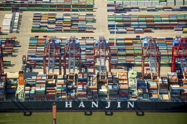 Hanjin container ship, container loading, container gantry cranes, container cranes, container ship, container freighter, container, container port of Hamburg, CTA, Container Terminal Altenwerder, Hamburg-Altenwerder, Port of Hamburg, Elbe, Hamburg, Free and Hanseatic City of Hamburg, Germany, Europe, aerial view, birds-eyes view, aerial photography, aerial photography, overview, bird's eye view