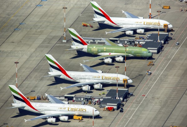 Airbus A380 for Emirates in front of completion on the apron, Finkenwerder Airport, Finkenwerder Airport, Hamburg, Free and Hanseatic City of Hamburg, Germany, Europe, aerial photograph, birds-eyes view, aerial photography, aerial photography, overview, bird's eye view