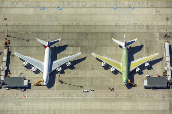 Airbus A380 for Emirates in front of completion on the apron, Finkenwerder Airport, Finkenwerder Airport, Hamburg, Free and Hanseatic City of Hamburg, Germany, Europe, aerial photograph, birds-eyes view, aerial photography, aerial photography, overview, bird's eye view