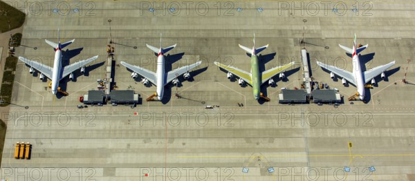 Airbus A380 for Emirates in front of completion on the apron, Finkenwerder Airport, Finkenwerder Airport, Hamburg, Free and Hanseatic City of Hamburg, Germany, Europe, aerial photograph, birds-eyes view, aerial photography, aerial photography, overview, bird's eye view