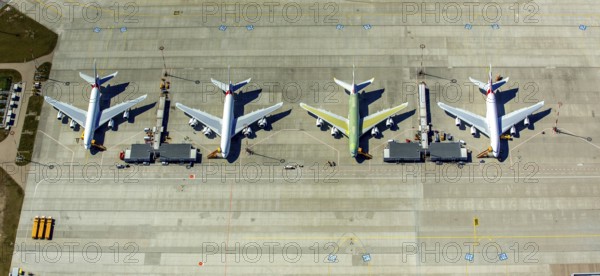 Airbus A380 for Emirates in front of completion on the apron, Finkenwerder Airport, Finkenwerder Airport, Hamburg, Free and Hanseatic City of Hamburg, Germany, Europe, aerial photograph, birds-eyes view, aerial photography, aerial photography, overview, bird's eye view