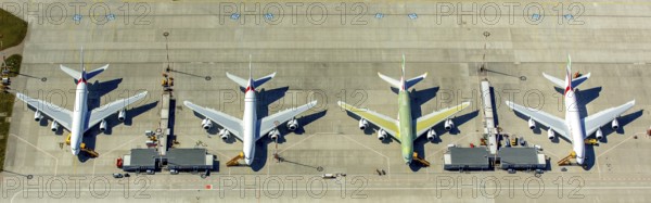 Airbus A380 for Emirates in front of completion on the apron, Finkenwerder Airport, Finkenwerder Airport, Hamburg, Free and Hanseatic City of Hamburg, Germany, Europe, aerial photograph, birds-eyes view, aerial photography, aerial photography, overview, bird's eye view