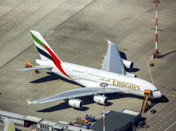 Airbus A380 for Emirates in front of completion on the apron, Finkenwerder Airport, Finkenwerder Airport, Hamburg, Free and Hanseatic City of Hamburg, Germany, Europe, aerial photograph, birds-eyes view, aerial photography, aerial photography, overview, bird's eye view