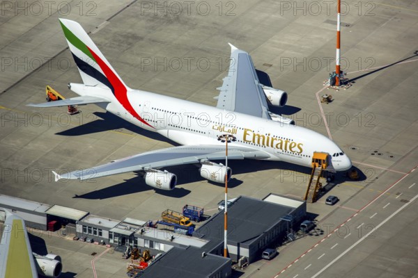 Airbus A380 for Emirates in front of completion on the apron, Finkenwerder Airport, Finkenwerder Airport, Hamburg, Free and Hanseatic City of Hamburg, Germany, Europe, aerial photograph, birds-eyes view, aerial photography, aerial photography, overview, bird's eye view