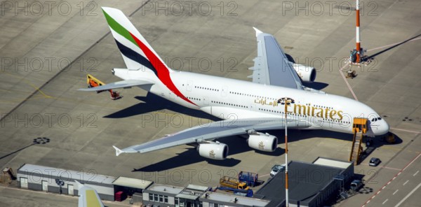 Airbus A380 for Emirates in front of completion on the apron, Finkenwerder Airport, Finkenwerder Airport, Hamburg, Free and Hanseatic City of Hamburg, Germany, Europe, aerial photograph, birds-eyes view, aerial photography, aerial photography, overview, bird's eye view