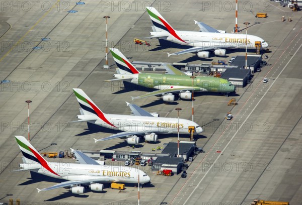 Airbus A380 for Emirates in front of completion on the apron, Finkenwerder Airport, Finkenwerder Airport, Hamburg, Free and Hanseatic City of Hamburg, Germany, Europe, aerial photograph, birds-eyes view, aerial photography, aerial photography, overview, bird's eye view