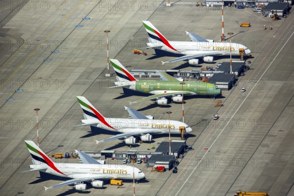 Airbus A380 for Emirates in front of completion on the apron, Finkenwerder Airport, Finkenwerder Airport, Hamburg, Free and Hanseatic City of Hamburg, Germany, Europe, aerial photograph, birds-eyes view, aerial photography, aerial photography, overview, bird's eye view