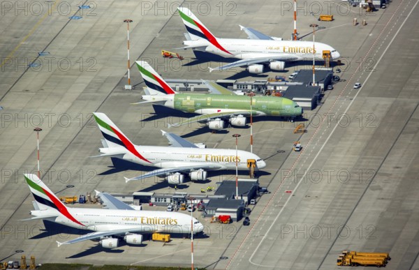 Airbus A380 for Emirates in front of completion on the apron, Finkenwerder Airport, Finkenwerder Airport, Hamburg, Free and Hanseatic City of Hamburg, Germany, Europe, aerial photograph, birds-eyes view, aerial photography, aerial photography, overview, bird's eye view