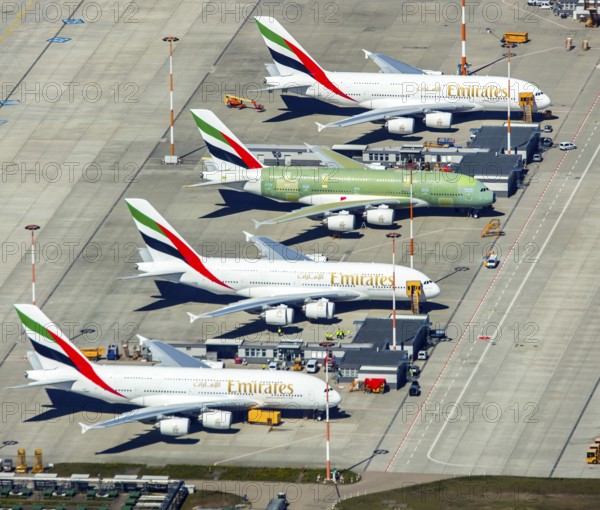 Airbus A380 for Emirates in front of completion on the apron, Finkenwerder Airport, Finkenwerder Airport, Hamburg, Free and Hanseatic City of Hamburg, Germany, Europe, aerial photograph, birds-eyes view, aerial photography, aerial photography, overview, bird's eye view