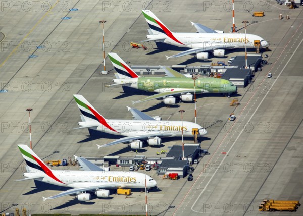 Airbus A380 for Emirates in front of completion on the apron, Finkenwerder Airport, Finkenwerder Airport, Hamburg, Free and Hanseatic City of Hamburg, Germany, Europe, aerial photograph, birds-eyes view, aerial photography, aerial photography, overview, bird's eye view