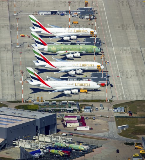 Airbus A380 for Emirates in front of completion on the apron, Finkenwerder Airport, Finkenwerder Airport, Hamburg, Free and Hanseatic City of Hamburg, Germany, Europe, aerial photograph, birds-eyes view, aerial photography, aerial photography, overview, bird's eye view
