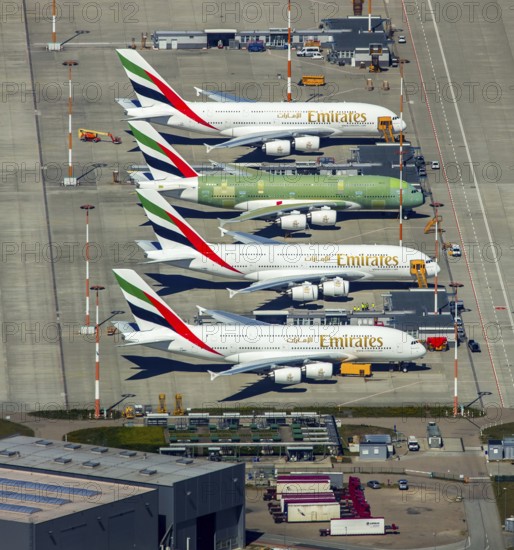 Airbus A380 for Emirates in front of completion on the apron, Finkenwerder Airport, Finkenwerder Airport, Hamburg, Free and Hanseatic City of Hamburg, Germany, Europe, aerial photograph, birds-eyes view, aerial photography, aerial photography, overview, bird's eye view