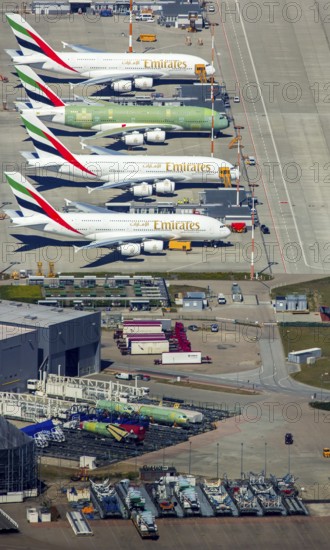 Airbus A380 for Emirates in front of completion on the apron, Finkenwerder Airport, Finkenwerder Airport, Hamburg, Free and Hanseatic City of Hamburg, Germany, Europe, aerial photograph, birds-eyes view, aerial photography, aerial photography, overview, bird's eye view