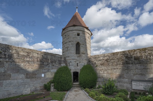 Wall and defensive defence tower of the third largest fortified church in Germany, built from 1461 to 1486, Hannberg, Middle Franconia, Bavaria, Germany