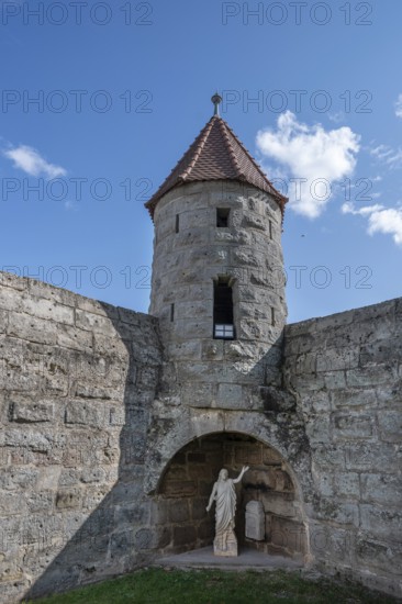Wall and defensive towers of the third largest fortified church in Germany, built from 1461 to 1486, Hannberg, Middle Franconia, Bavaria, Germany