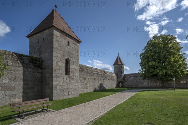 Wall and defensive towers of the third largest fortified church in Germany, built from 1461 to 1486, Hannberg, Middle Franconia, Bavaria, Germany
