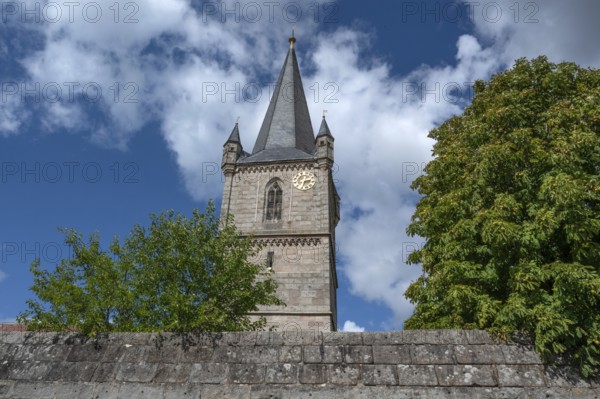 Tower of St. Mary's Pilgrimage Church, the third largest fortified church in Germany, built from 1461 to 1486, Hannberg, Middle Franconia, Bavaria, Germany