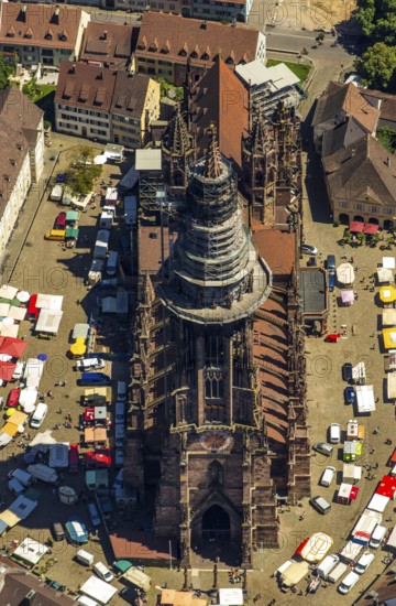Freiburg Minster with market square, Freiburg im Breisgau, Breisgau, Baden-Württemberg, Germany, Europe, aerial view, birds-eyes view, aerial photography, aerial photography, overview, bird's eye view, university city, trinational metropolitan region Upper Rhine