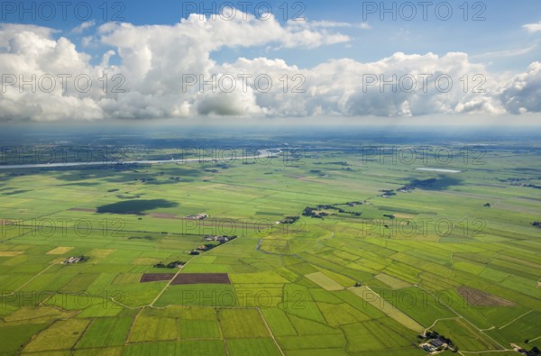 Fields in the polder land, drainage ditches in the marshes, green landscape, Bunde unified municipality in the East Frisian district of Leer, Emsland, Lower Saxony, Germany, Bunde, Europe, aerial view, birds-eyes view, aerial photography, aerial photography, overview, bird's eye view
