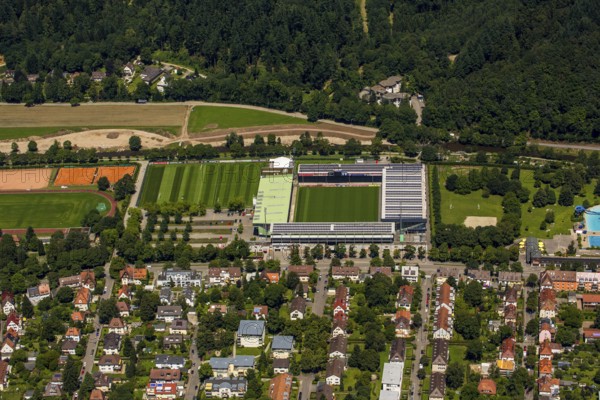 FC Freiburg stadium, Bundesliga stadium, first Bundesliga, MAGE Solar Stadium, football stadium, Freiburg im Breisgau, Breisgau, Baden-Württemberg, Germany, Europe, aerial photo, birds-eyes view, aerial photograph, aerial photography, aerial photography, overview, overview, bird's eye view, university city, trinational metropolitan region Upper Rhine