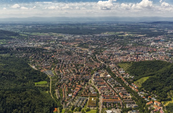 Overview of Freiburg, Freiburg im Breisgau, Breisgau, Baden-Württemberg, Germany, Europe, aerial view, birds-eyes view, aerial photography, aerial photography, overview, bird's-eye view, university city, trinational metropolitan region Upper Rhine