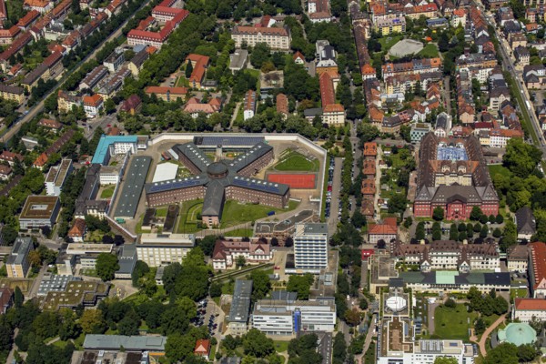 JVA Freiburg, Freiburg correctional facility, Freiburg prison, right Herderverlag Freiburg, book publisher, Freiburg im Breisgau, Breisgau, Baden-Württemberg, Germany, Europe, aerial photo, birds-eyes view, aerial photograph, aerial photography, aerial photography, overview, overview, bird's eye view, university city, trinational metropolitan region Upper Rhine