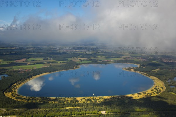 Geeste reservoir, Geeste reservoir, cooling water basin for the Emsland nuclear power plant twelve kilometres away, cloud reflection on the lake, local recreation, Lingen (Ems), Emsland, Lower Saxony, Germany, Geeste, Europe, aerial view, birds-eyes view, aerial photography, aerial photography, aerial photography, overview, bird's eye view
