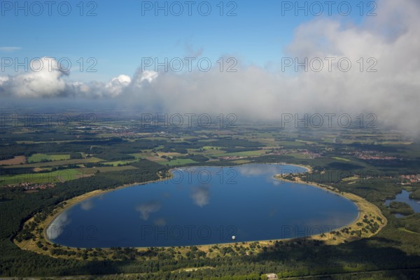 Geeste reservoir, Geeste reservoir, cooling water basin for the Emsland nuclear power plant twelve kilometres away, cloud reflection on the lake, local recreation, Lingen (Ems), Emsland, Lower Saxony, Germany, Europe, aerial view, birds-eyes view, aerial photography, aerial photography, aerial photography, overview, bird's eye view
