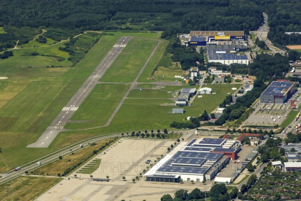 Freiburg Airport, EDTF ICAO-Code, Flugplatz Freiburg Breisgau GmbH, Freiburg im Breisgau, Breisgau, Baden-Württemberg, Germany, Europe, aerial photo, birds-eyes view, aerial photography, aerial photography, overview, bird's-eye view, university city, trinational metropolitan region Upper Rhine