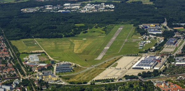 Freiburg Airport, EDTF ICAO-Code, Flugplatz Freiburg Breisgau GmbH, Freiburg im Breisgau, Breisgau, Baden-Württemberg, Germany, Europe, aerial photo, birds-eyes view, aerial photography, aerial photography, overview, bird's-eye view, university city, trinational metropolitan region Upper Rhine