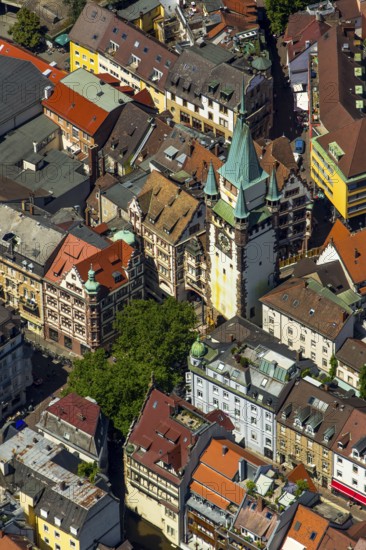Old town of Freiburg with Schwabentor, Freiburg im Breisgau, Breisgau, Baden-Württemberg, Germany, Europe, aerial view, birds-eyes view, aerial photography, aerial photography, overview, bird's eye view, university city, trinational metropolitan region Upper Rhine