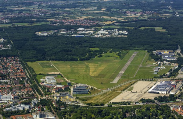 Freiburg Airport, EDTF ICAO-Code, Flugplatz Freiburg Breisgau GmbH, Freiburg im Breisgau, Breisgau, Baden-Württemberg, Germany, Europe, aerial photo, birds-eyes view, aerial photography, aerial photography, overview, bird's-eye view, university city, trinational metropolitan region Upper Rhine