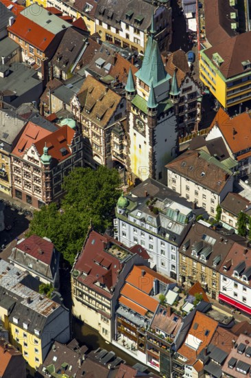 Old town of Freiburg with Schwabentor, Freiburg im Breisgau, Breisgau, Baden-Württemberg, Germany, Europe, aerial view, birds-eyes view, aerial photography, aerial photography, overview, bird's eye view, university city, trinational metropolitan region Upper Rhine