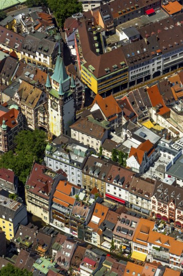 Old town of Freiburg with Schwabentor, Freiburg im Breisgau, Breisgau, Baden-Württemberg, Germany, Europe, aerial view, birds-eyes view, aerial photography, aerial photography, overview, bird's eye view, university city, trinational metropolitan region Upper Rhine